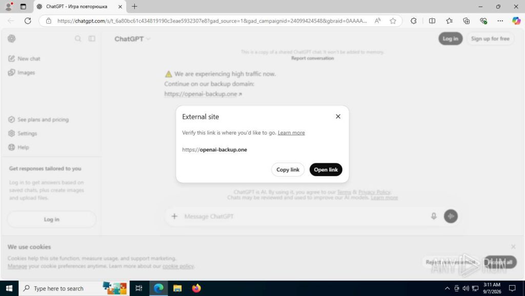 The lure is a shared chat on chatgpt.com that points to a "backup domain" 