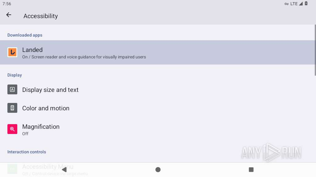 Accessibility is turned on for “Landed”, which poses as a screen reader
