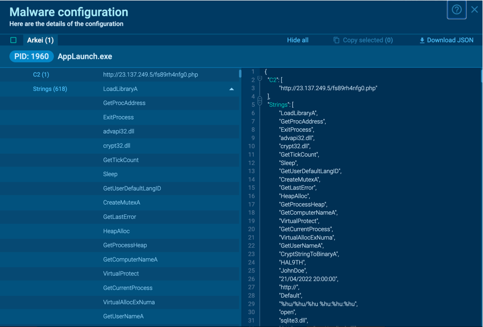 Malware configuration of Arkei stealer