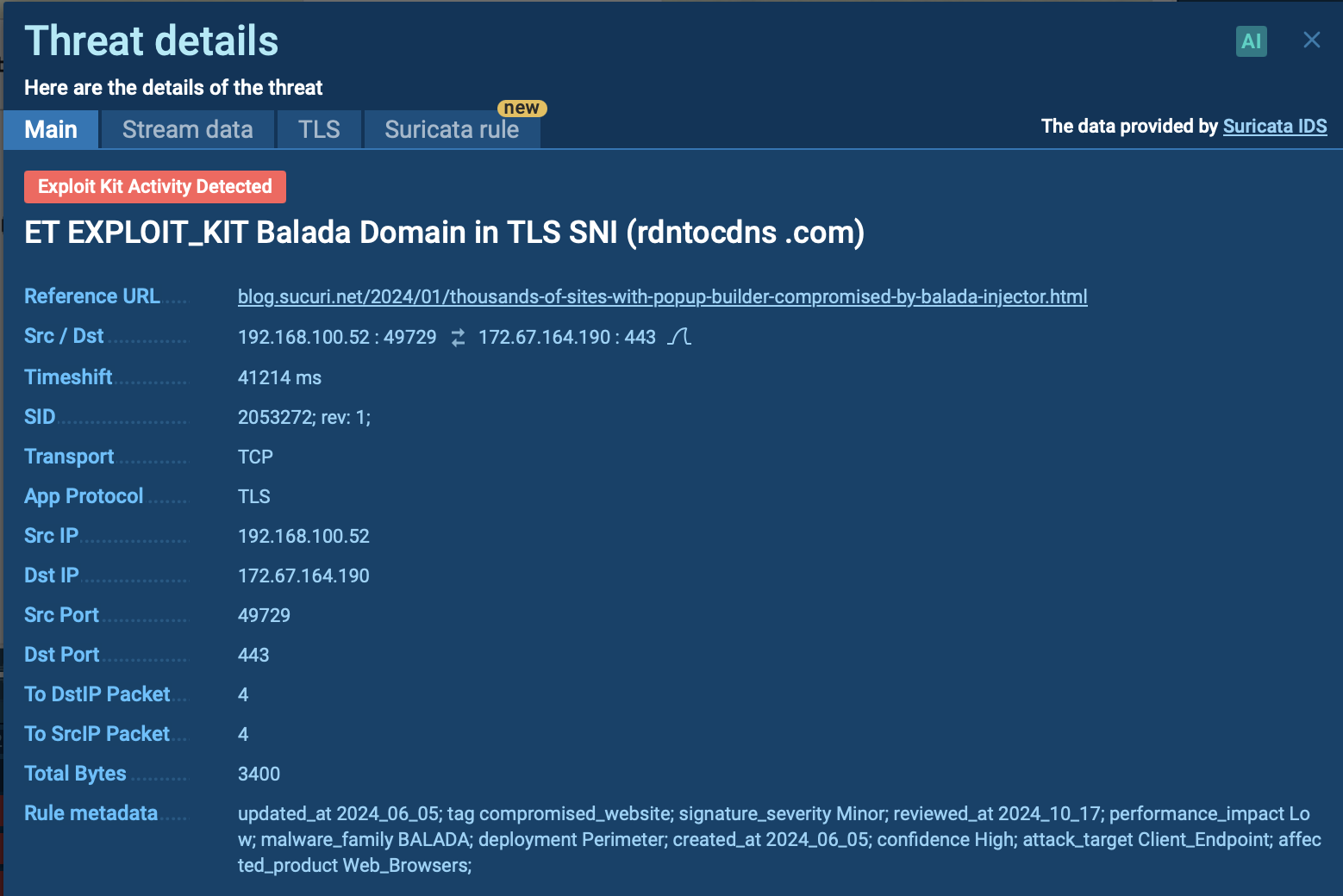 Suricata rule triggered inside ANY.RUN sandbox by Balada Injector