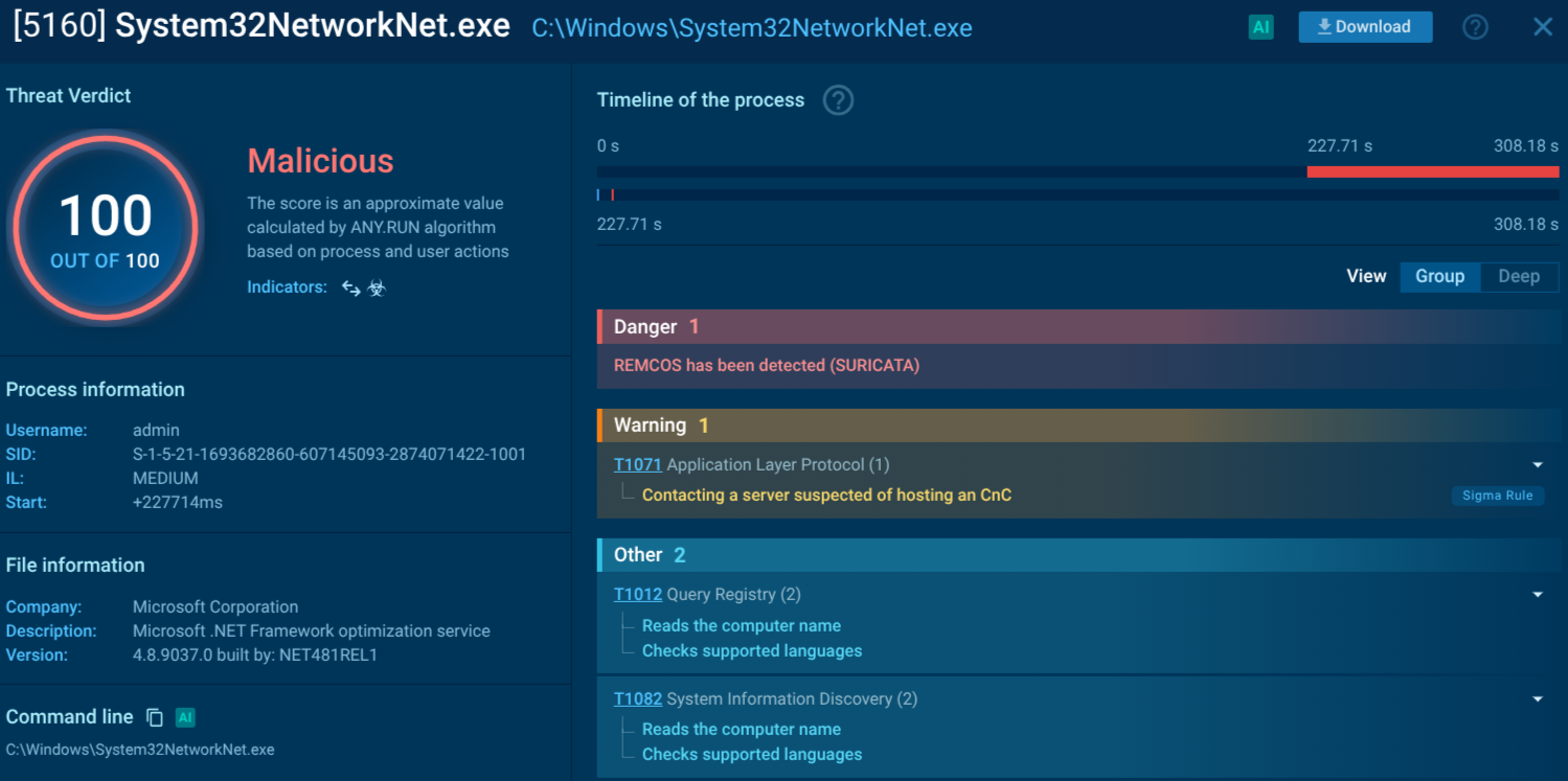 Remcos RAT detected by the sandbox