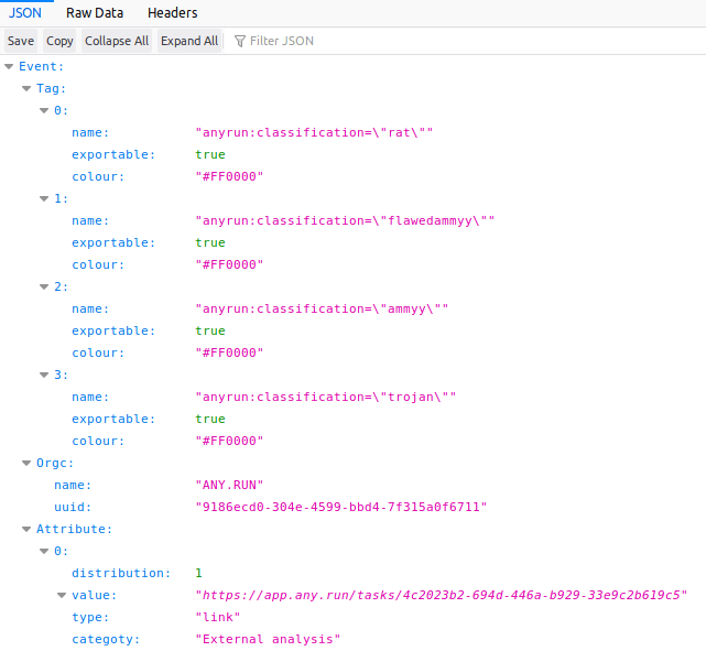 export events from the task with flawedammyy into MISP JSON