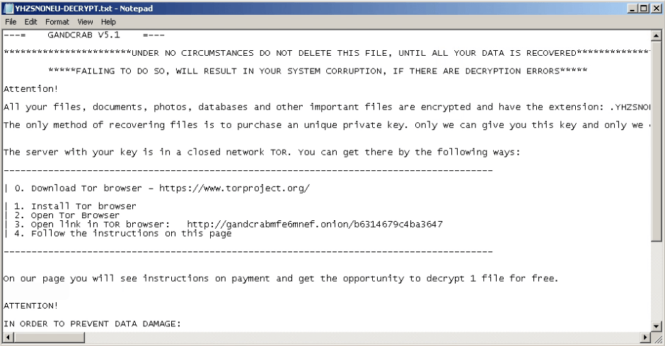 ransomnote displayed by gandcrab v5.1