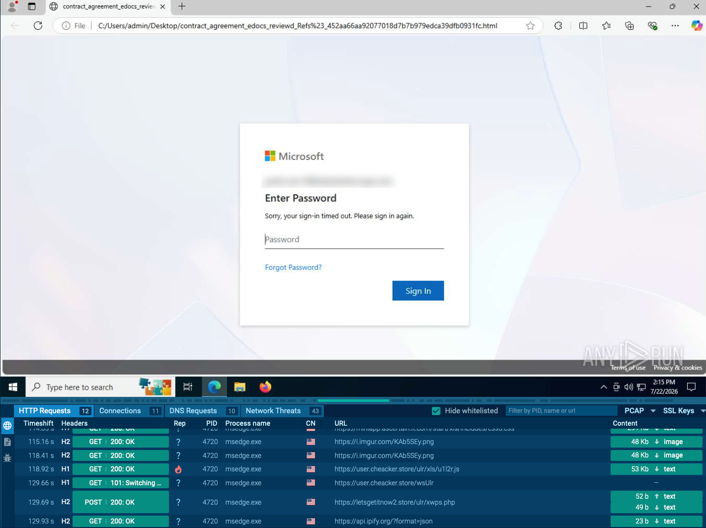 Victims submit their Microsoft credentials through a fake login page