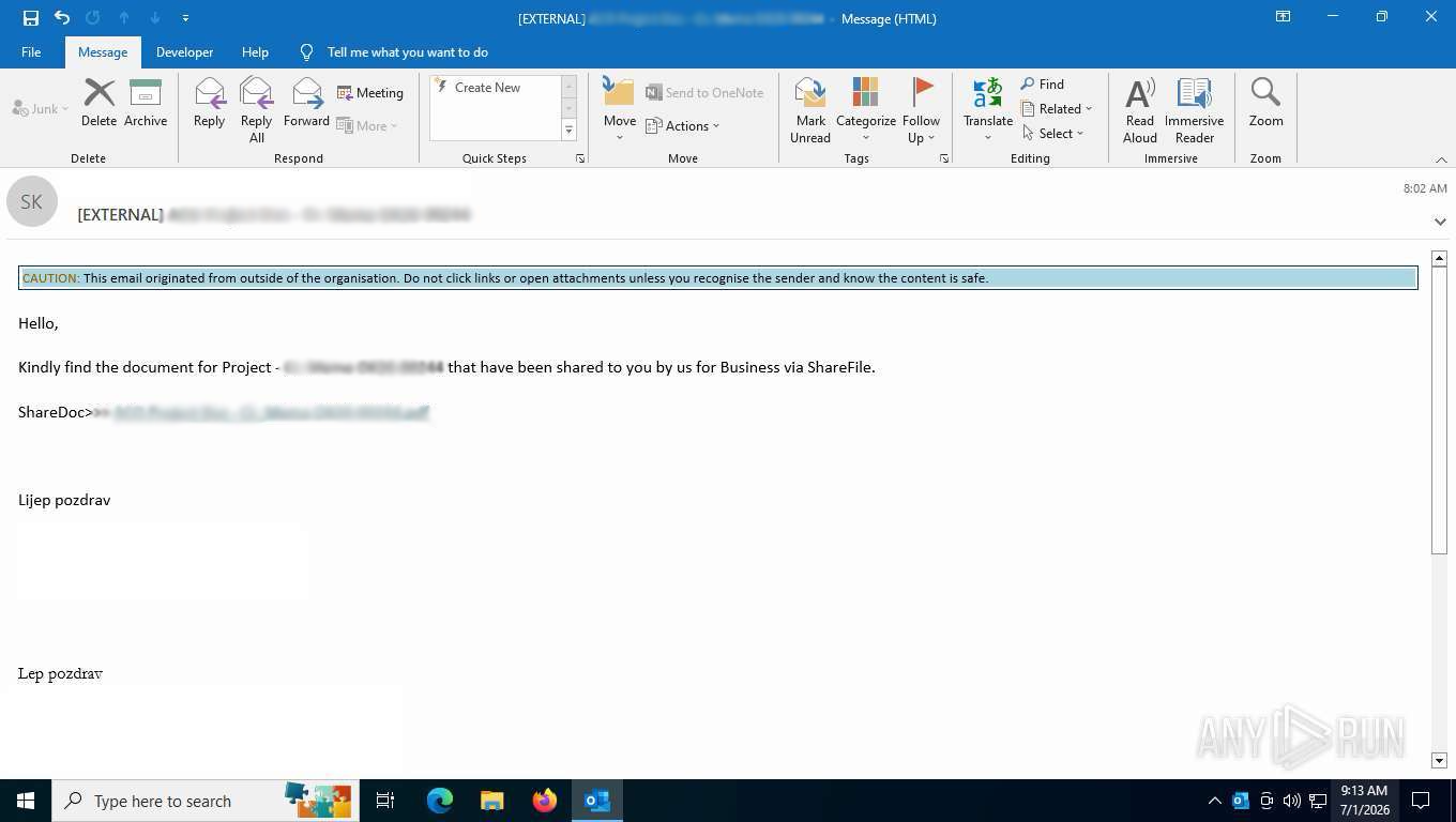 Kratos phishing email shown in ANY.RUN's Interactive Sandbox