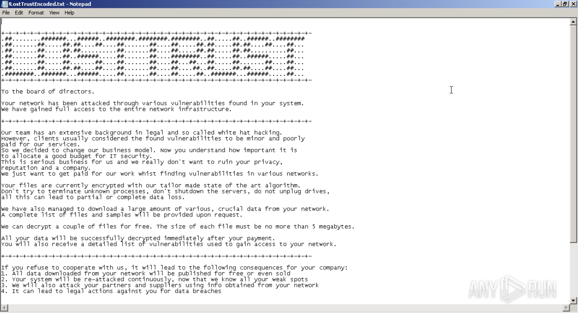 LostTrust ransom note shown in ANY.RUN