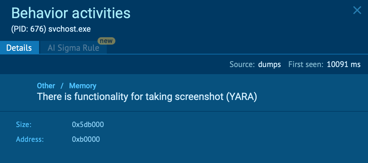 YARA rule match confirming screenshot functionality inside the Moonrise process