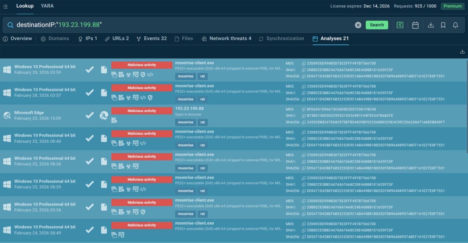 TI Lookup displays sandbox analyses related to the IP address used in the Moonrise attack