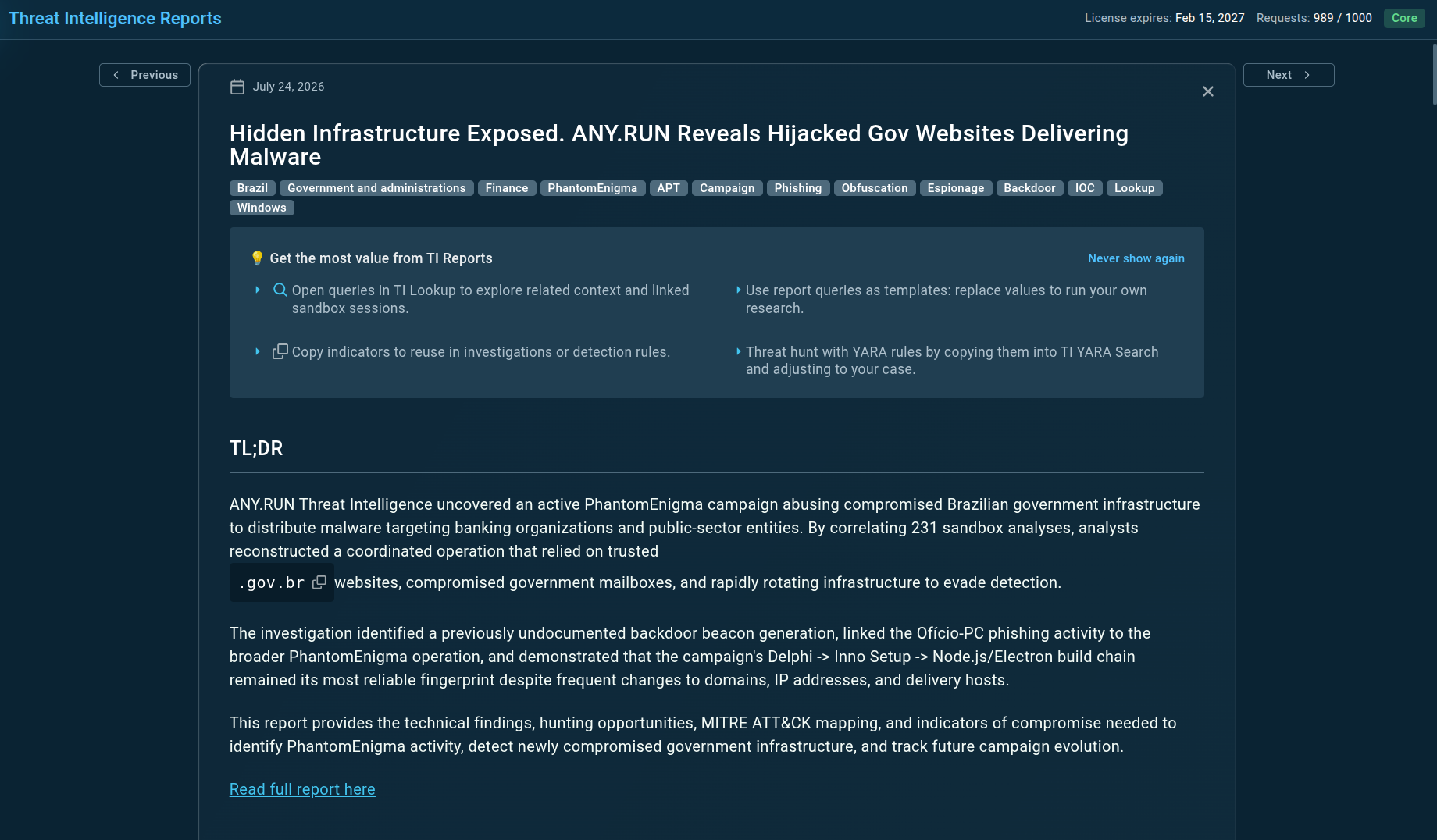 ANY.RUN’s TI Report on PhantomEnigma reveals all domains used by attackers