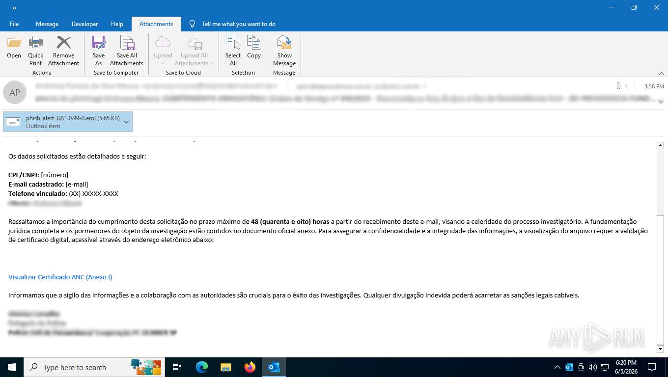 A fake email sent as part of a PhantomEnigma campaign