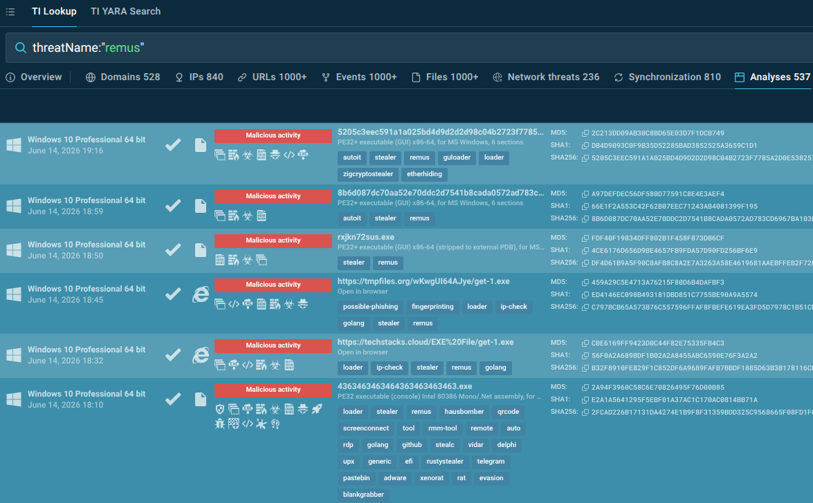 Remus sandbox analyses in TI Lookup