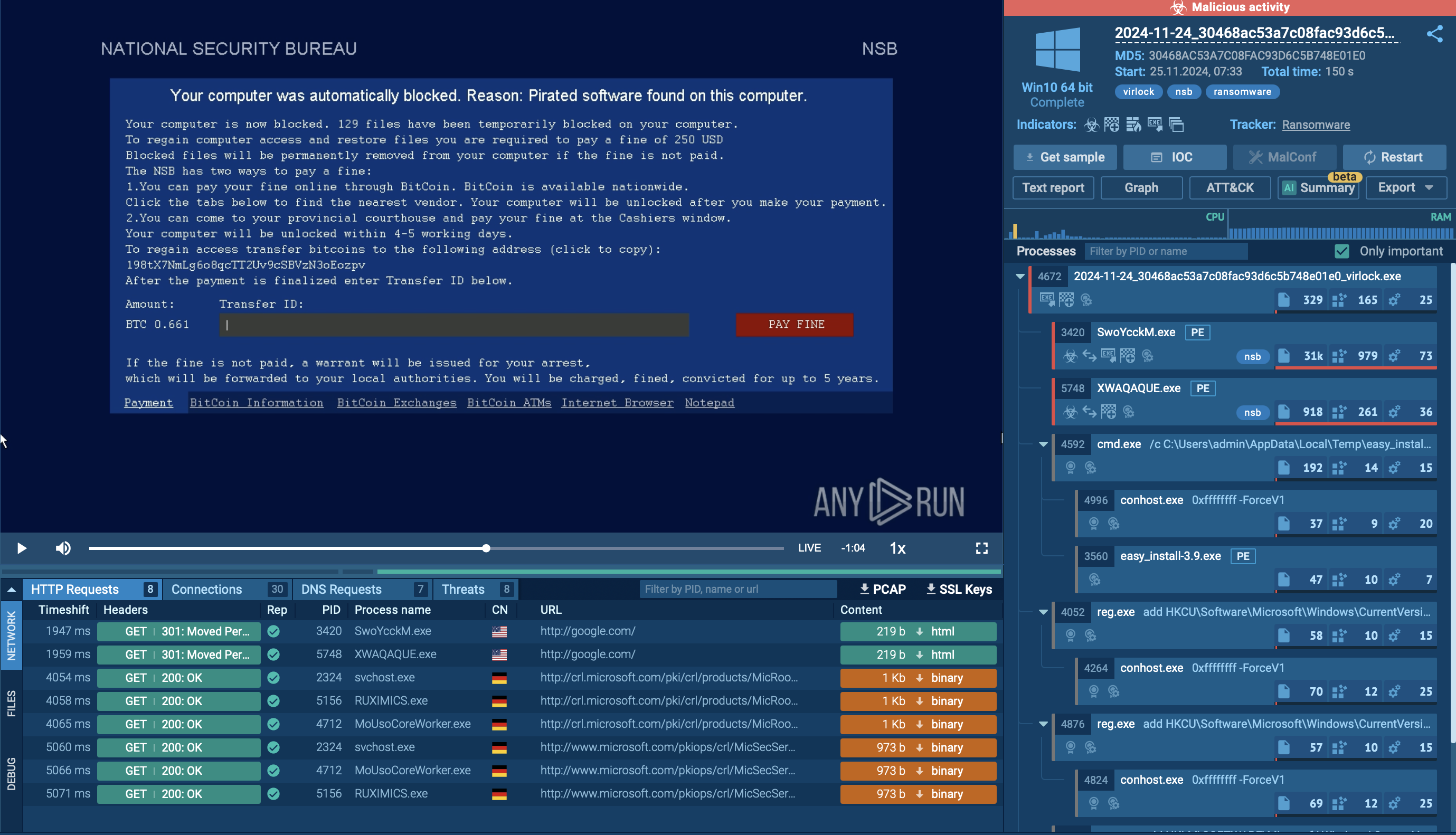 Virlock note in ANY.RUN sandbox